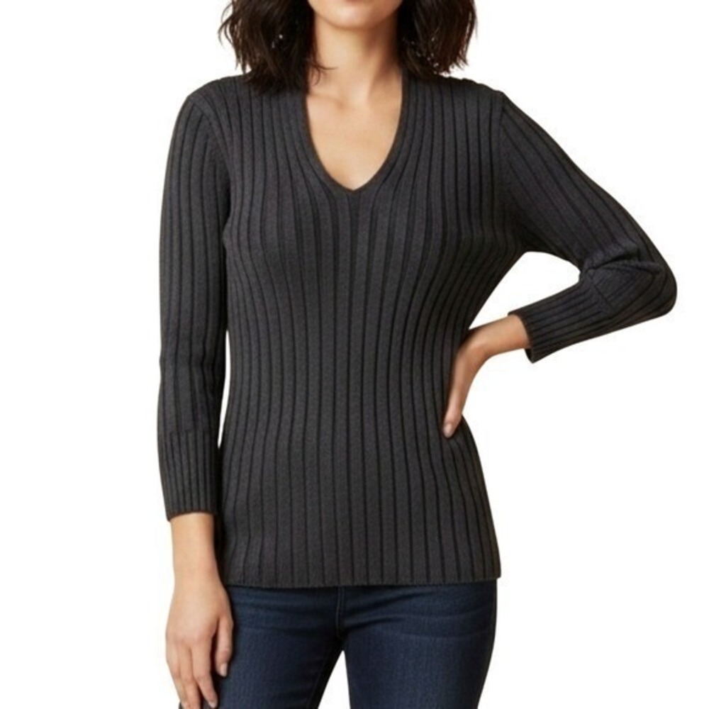 August Silk Ribbed Knit Top Women Medium Charcoal Grey Minimalist Classic Casual